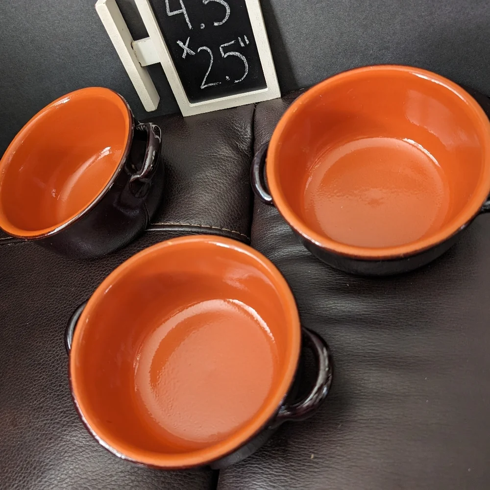 Vintage redware brown/ orange glazed crockery soup bowls‎ with handles lot of 3